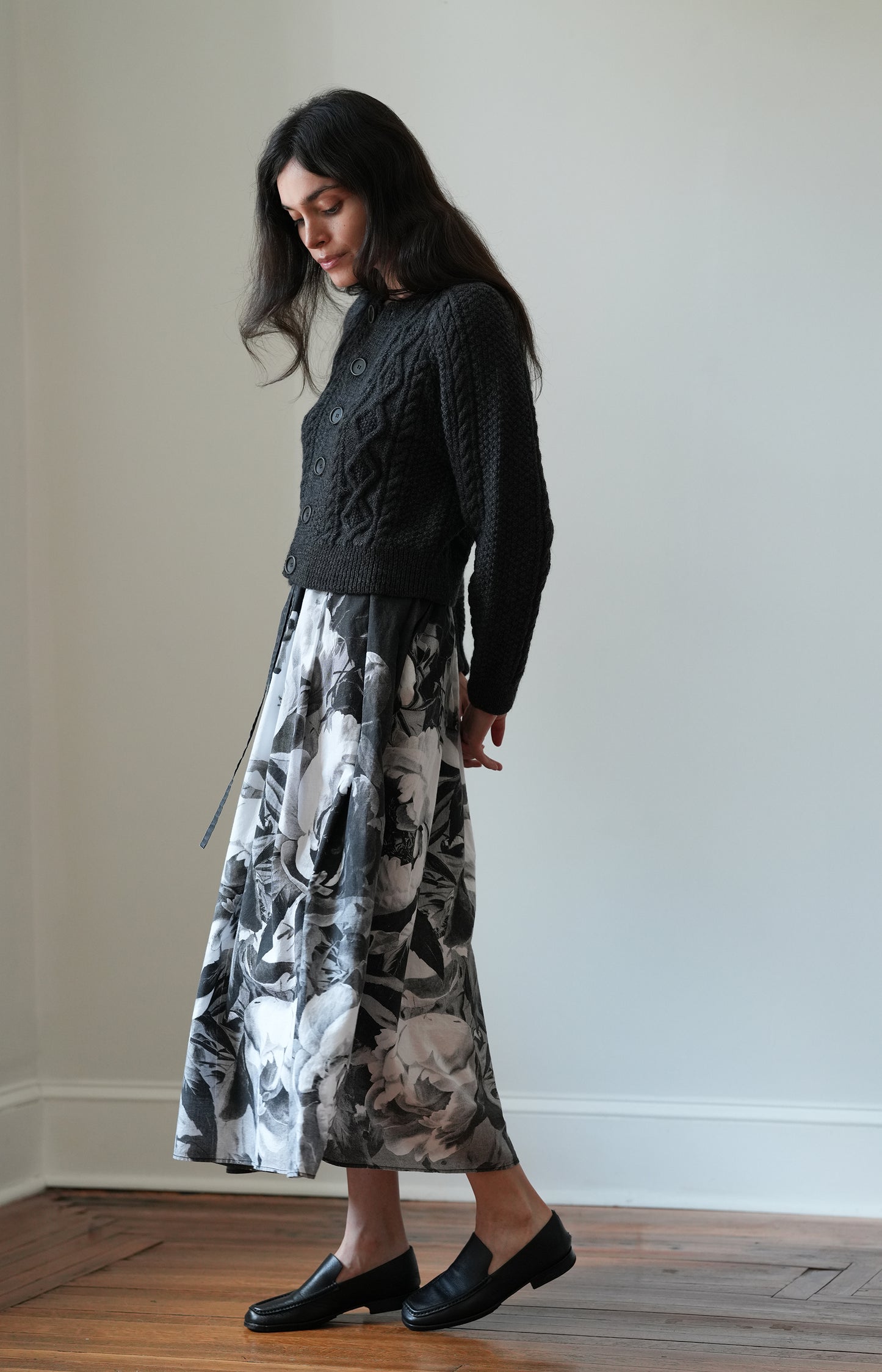 Black Handprinted Floral Skirt