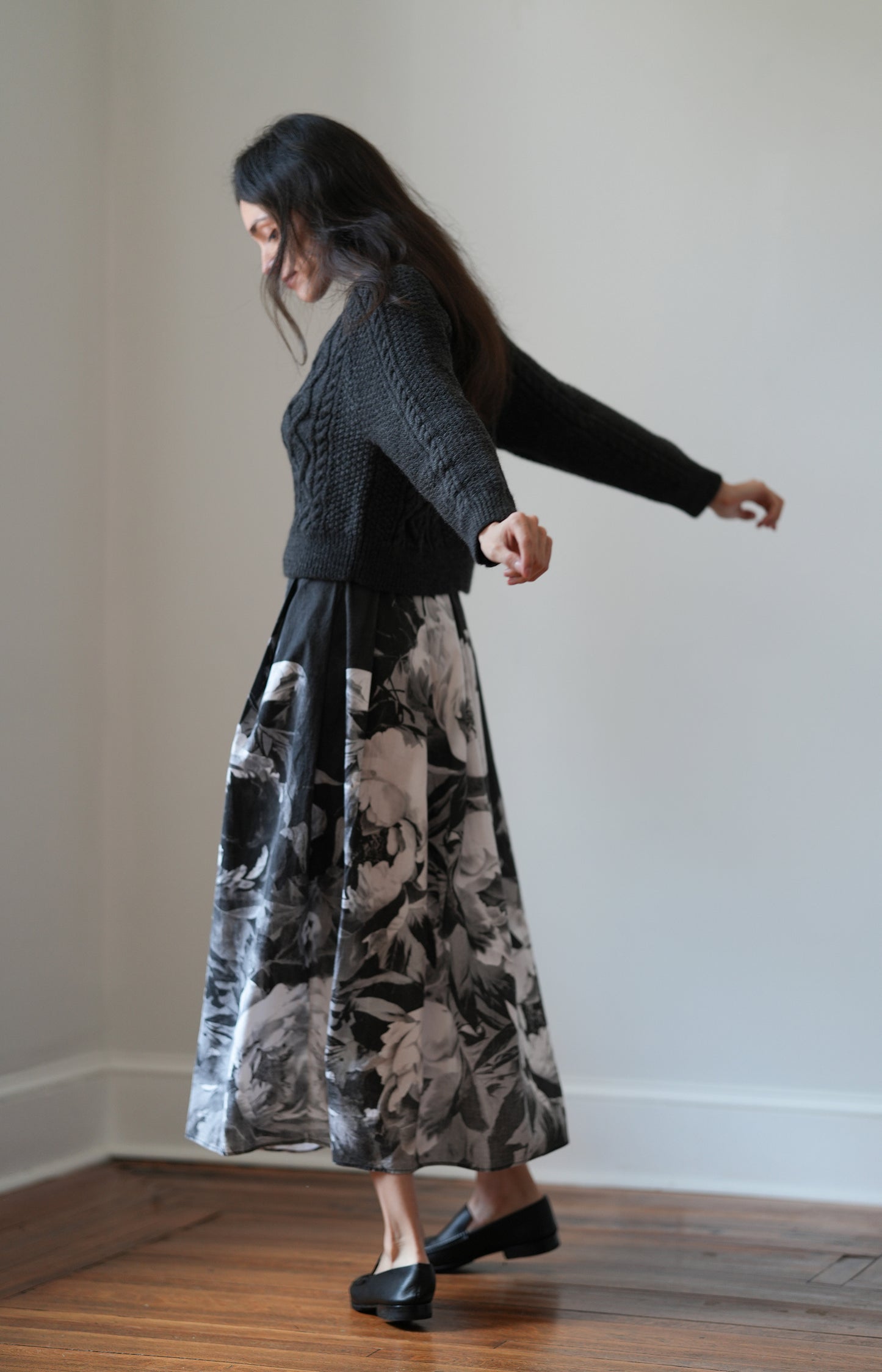 Black Handprinted Floral Skirt