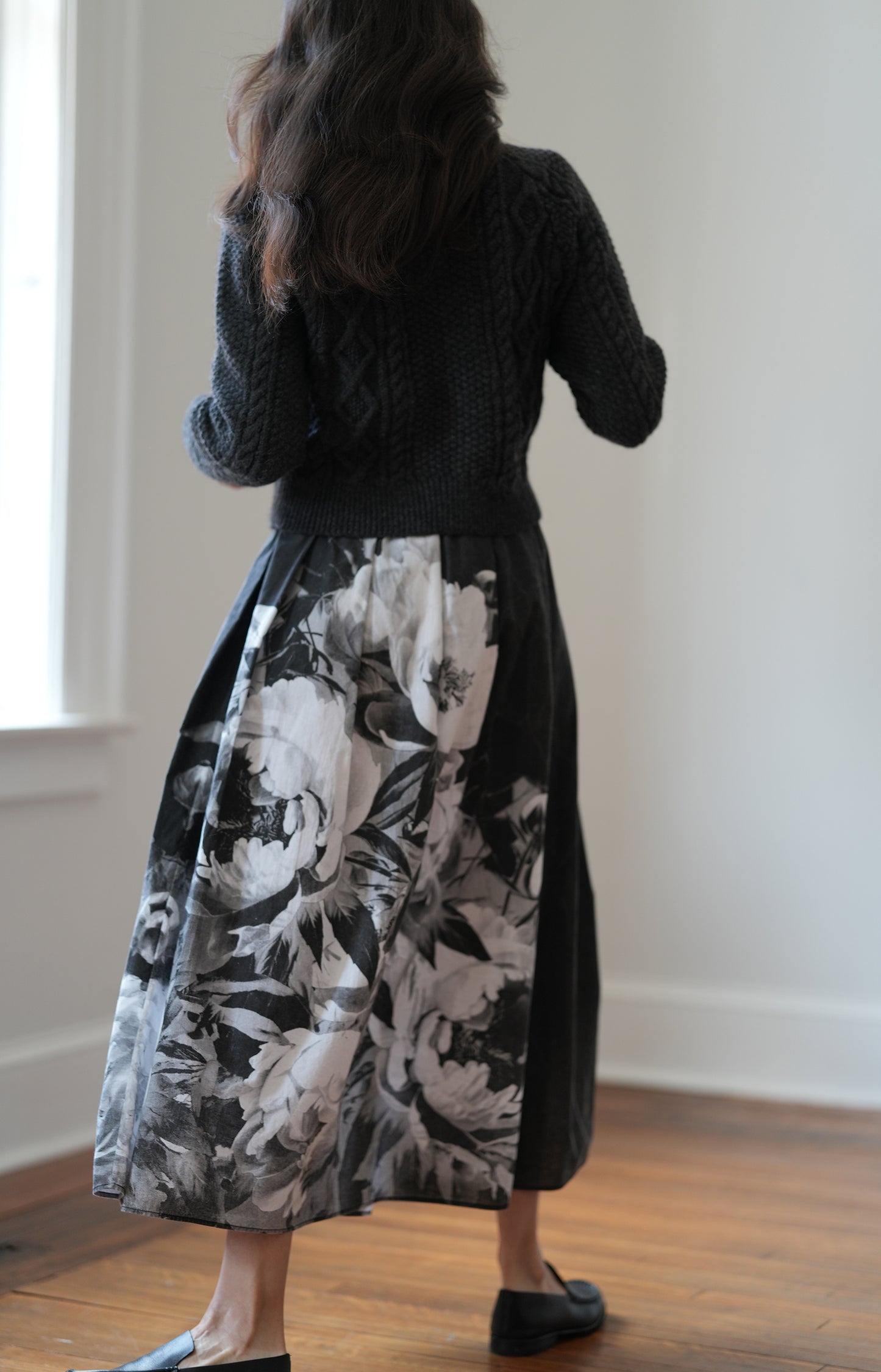 Black Handprinted Floral Skirt