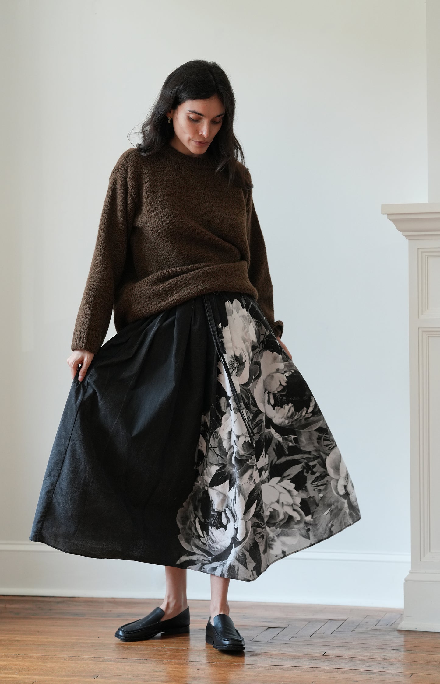 Black Handprinted Floral Skirt