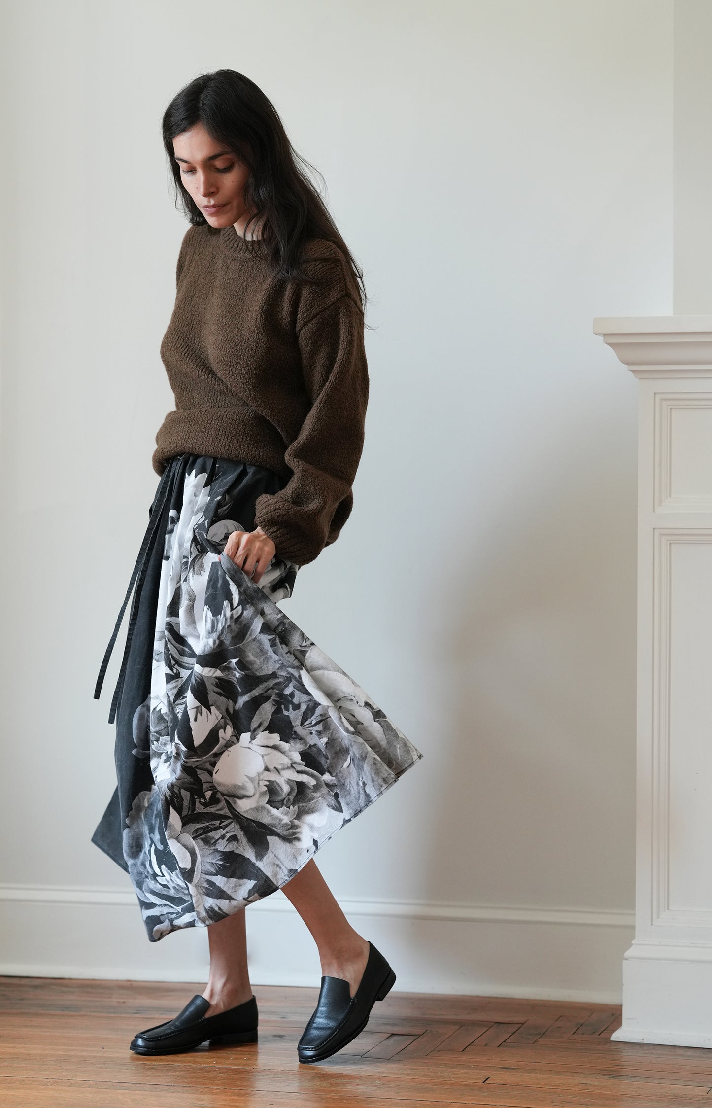 Black Handprinted Floral Skirt