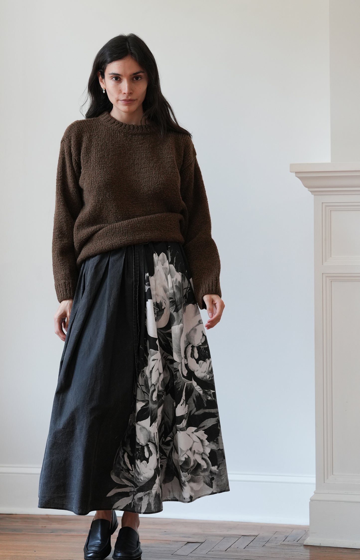 Black Handprinted Floral Skirt