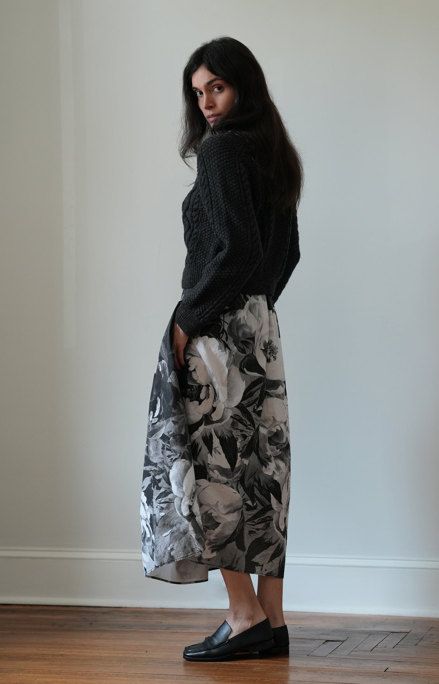 Black Handprinted Floral Skirt