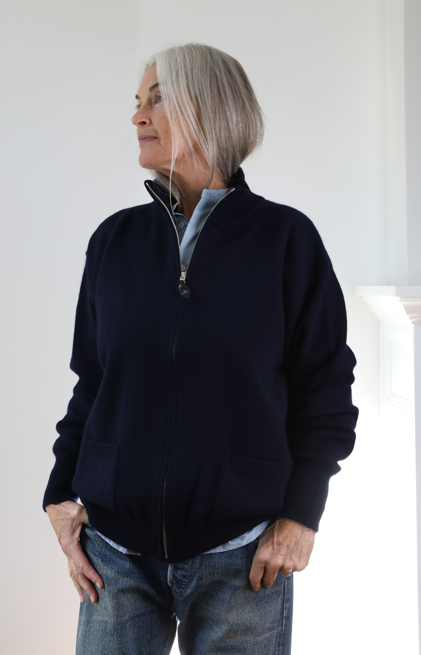 Navy Cashmere Zipup Sweater