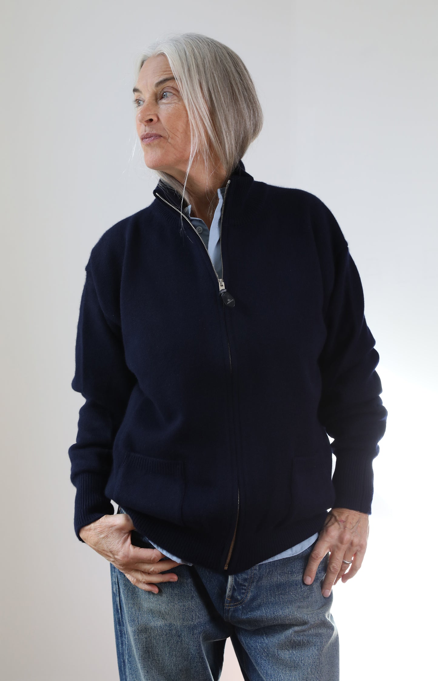 Navy Cashmere Zipup Sweater