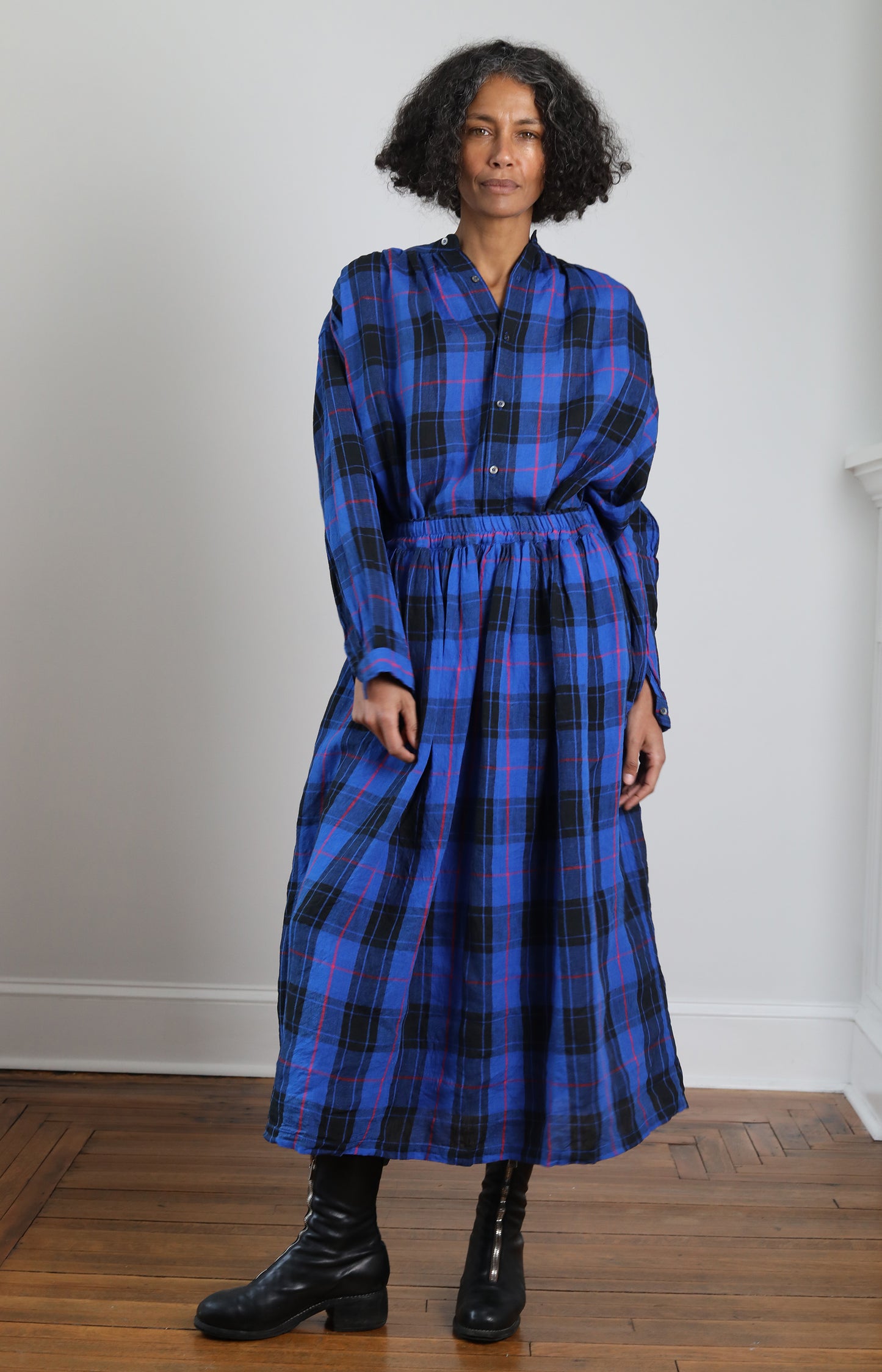 Blue Linen Tartan Skirt