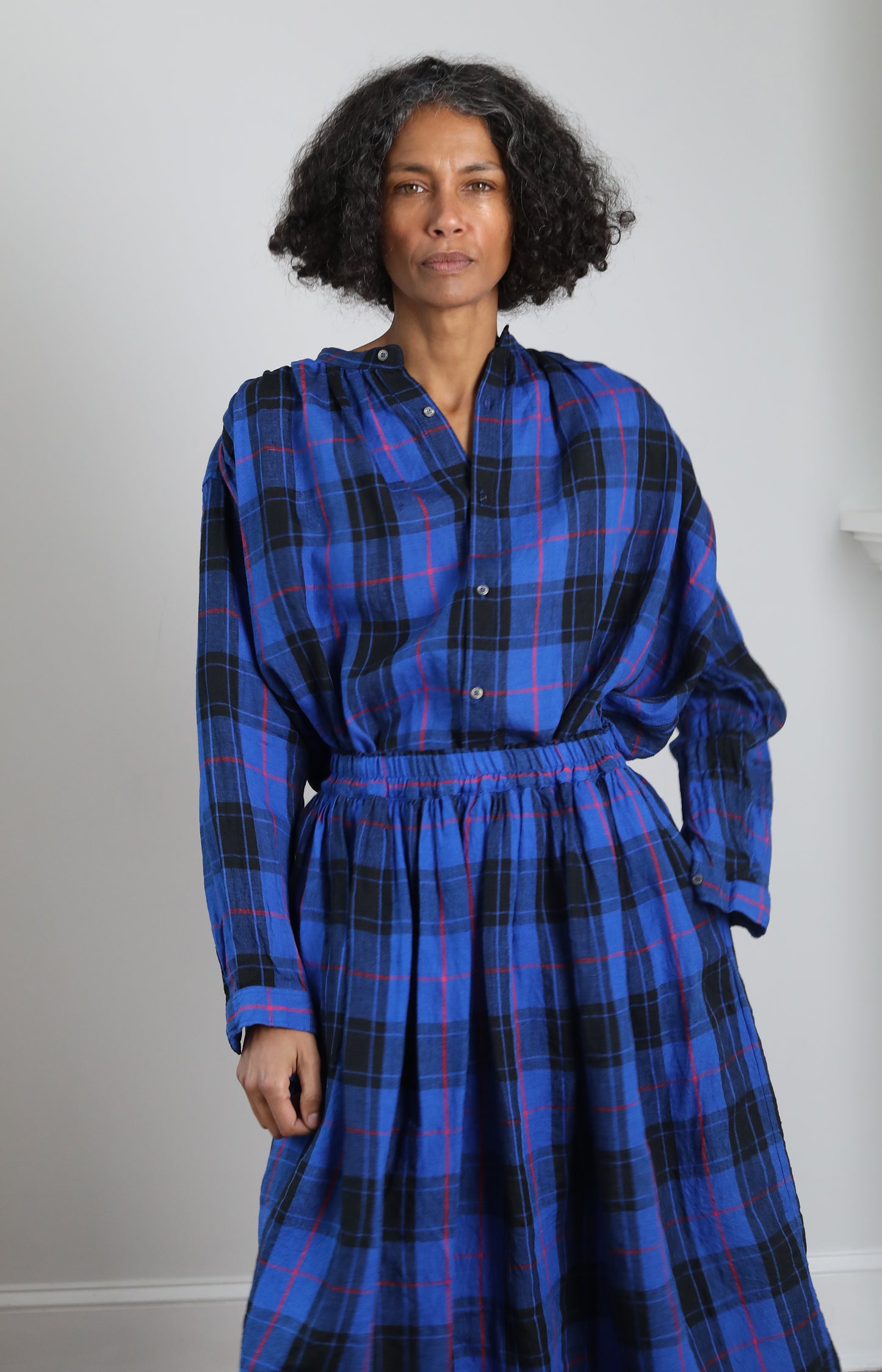 Blue Linen Tartan Skirt