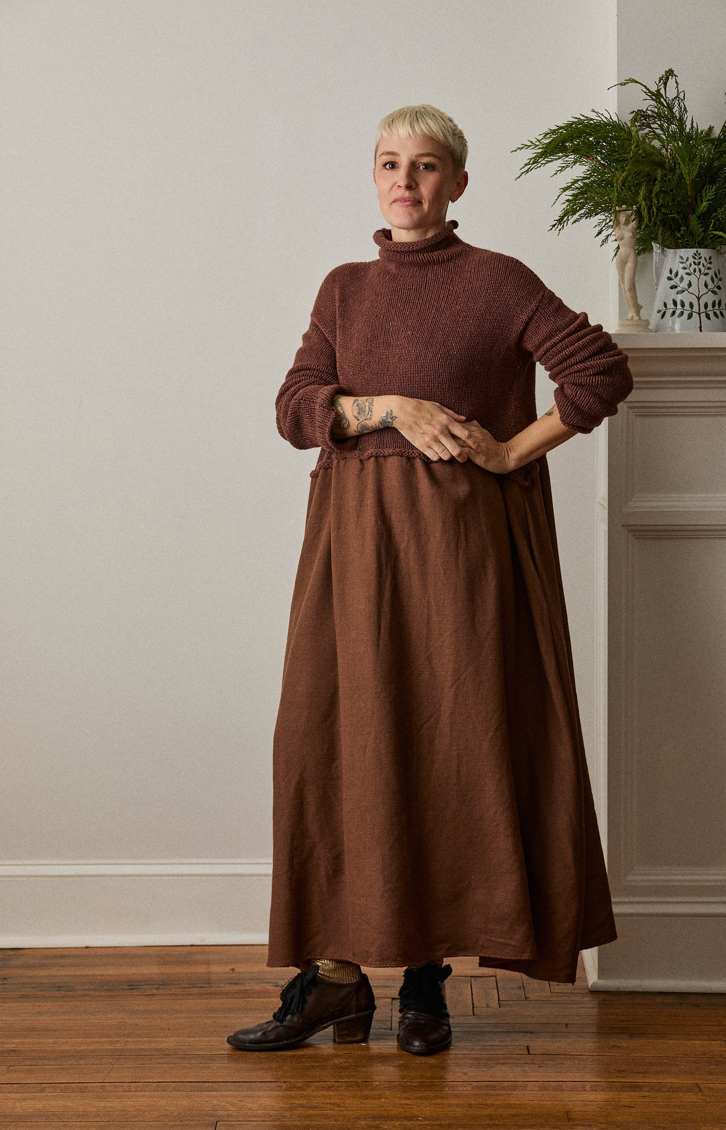 Brown Knit & Twill Dress
