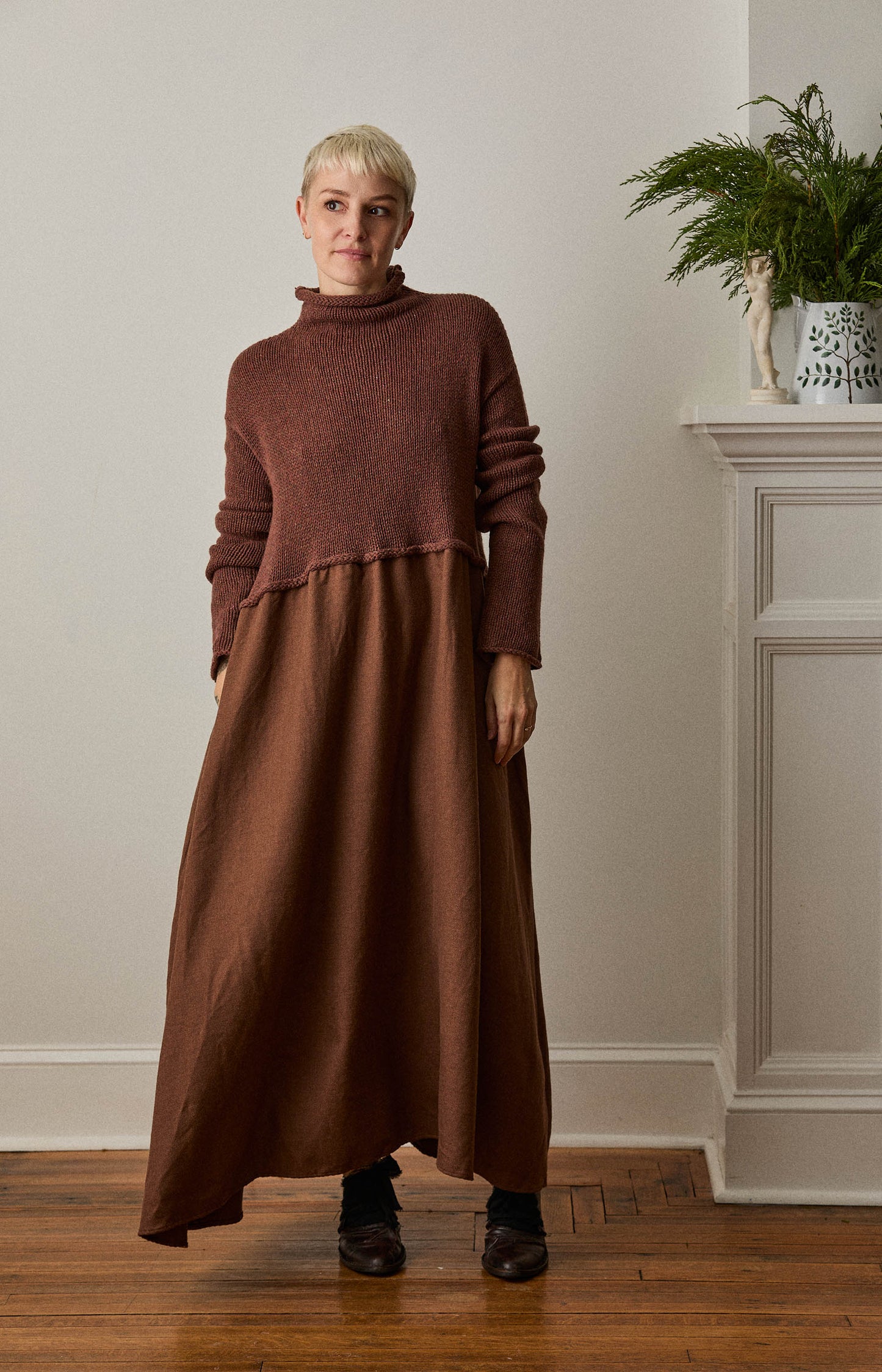 Brown Knit & Twill Dress