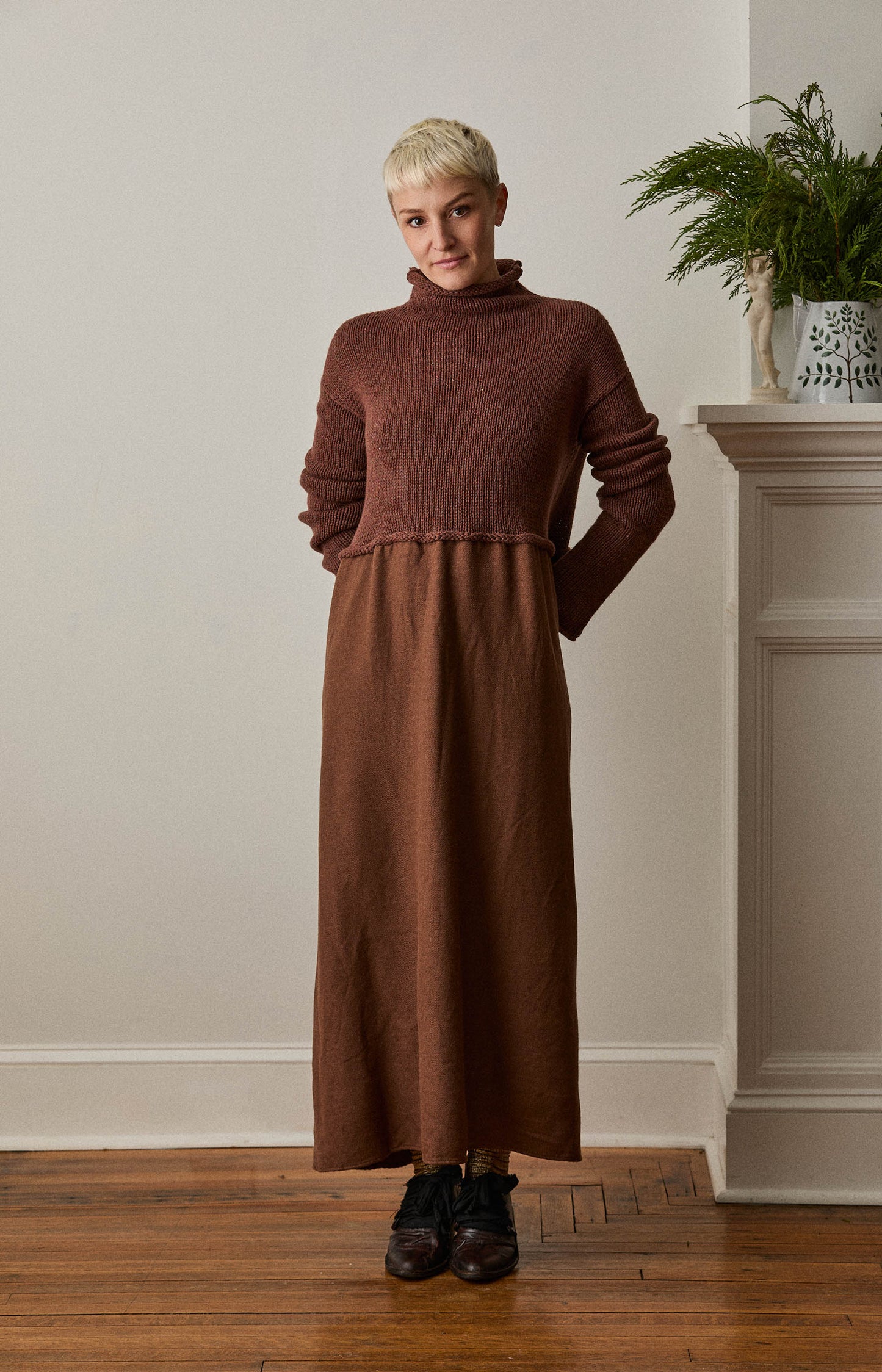Brown Knit & Twill Dress