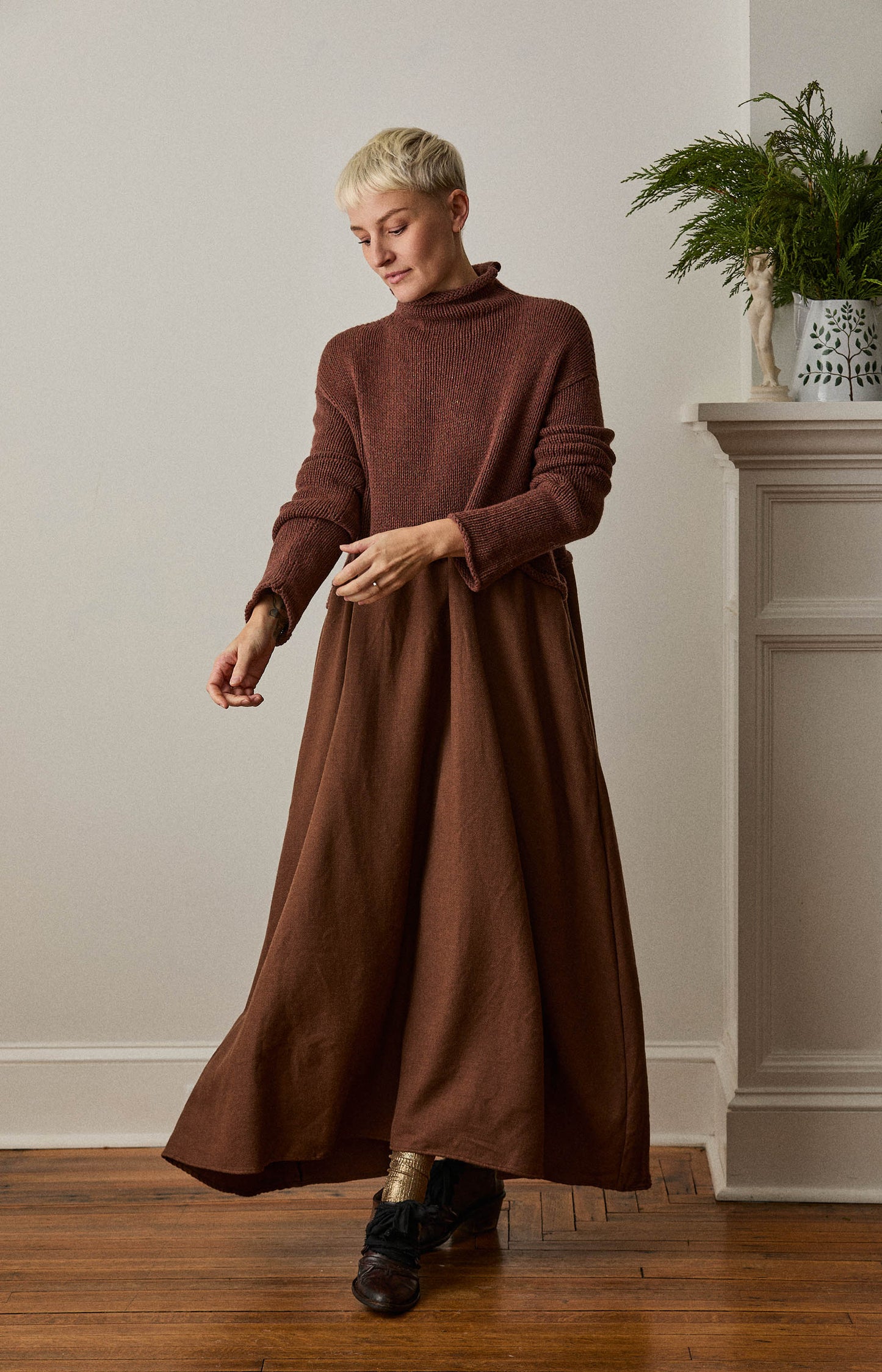Brown Knit & Twill Dress