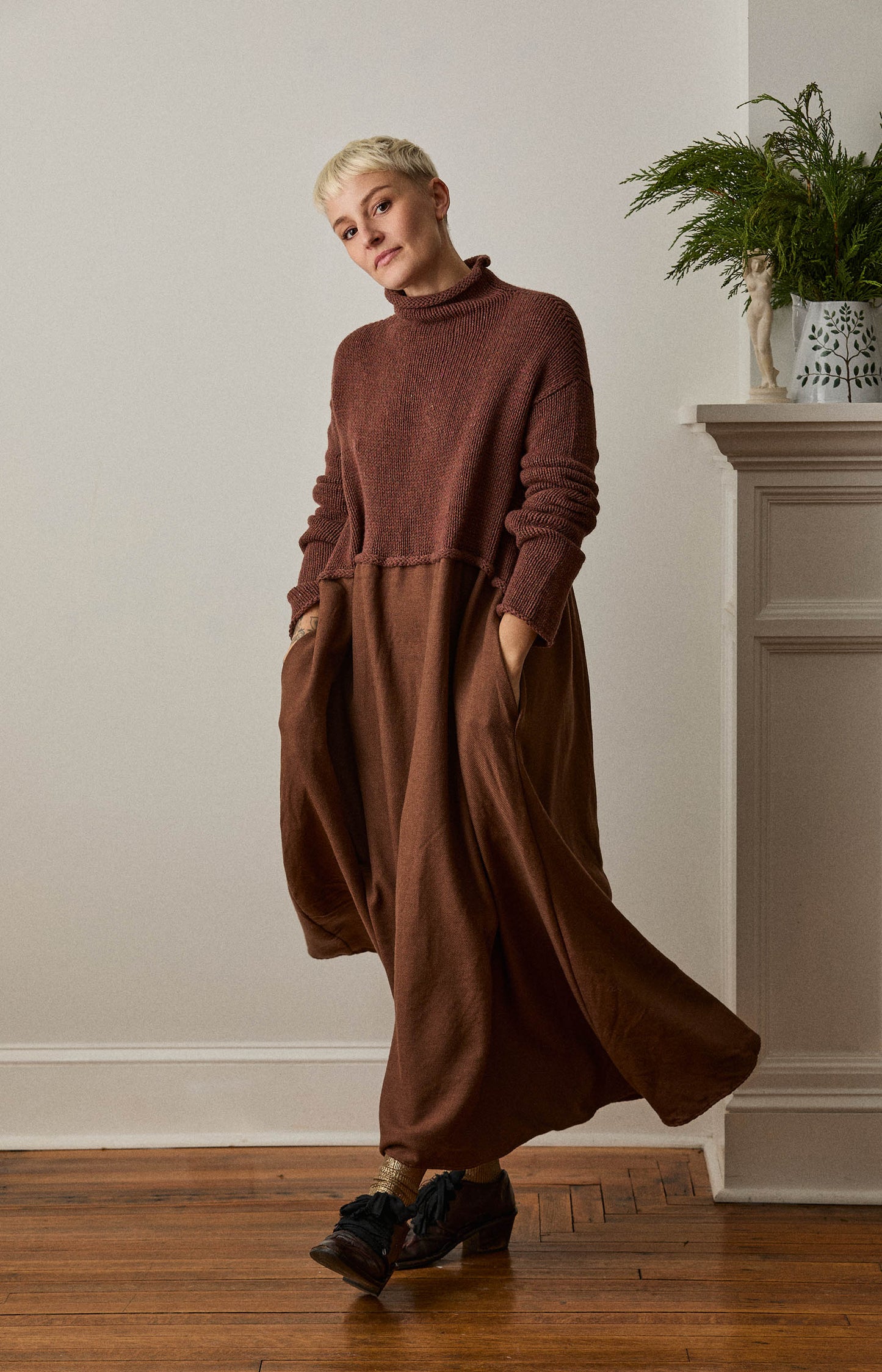 Brown Knit & Twill Dress