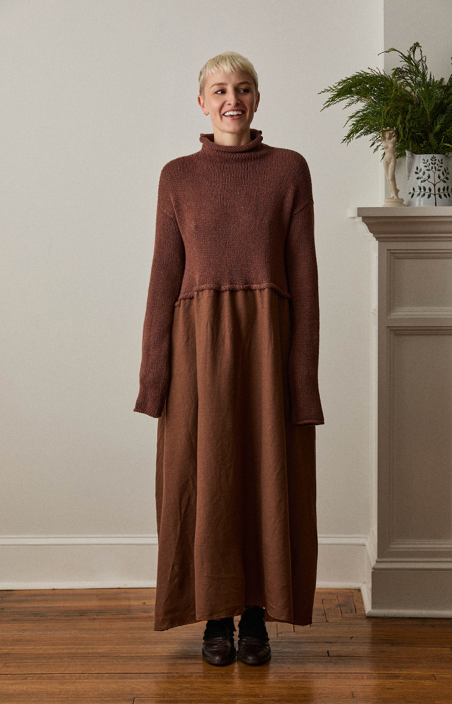 Brown Knit & Twill Dress
