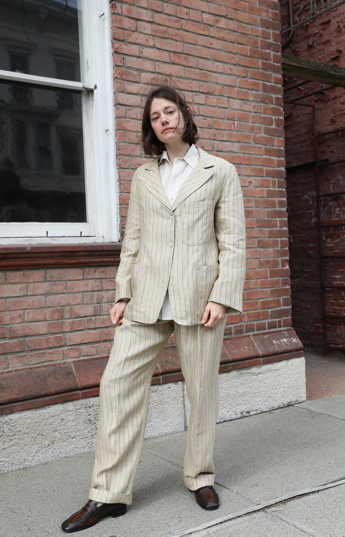 Natural & Black Pinstripe Pleated Trouser