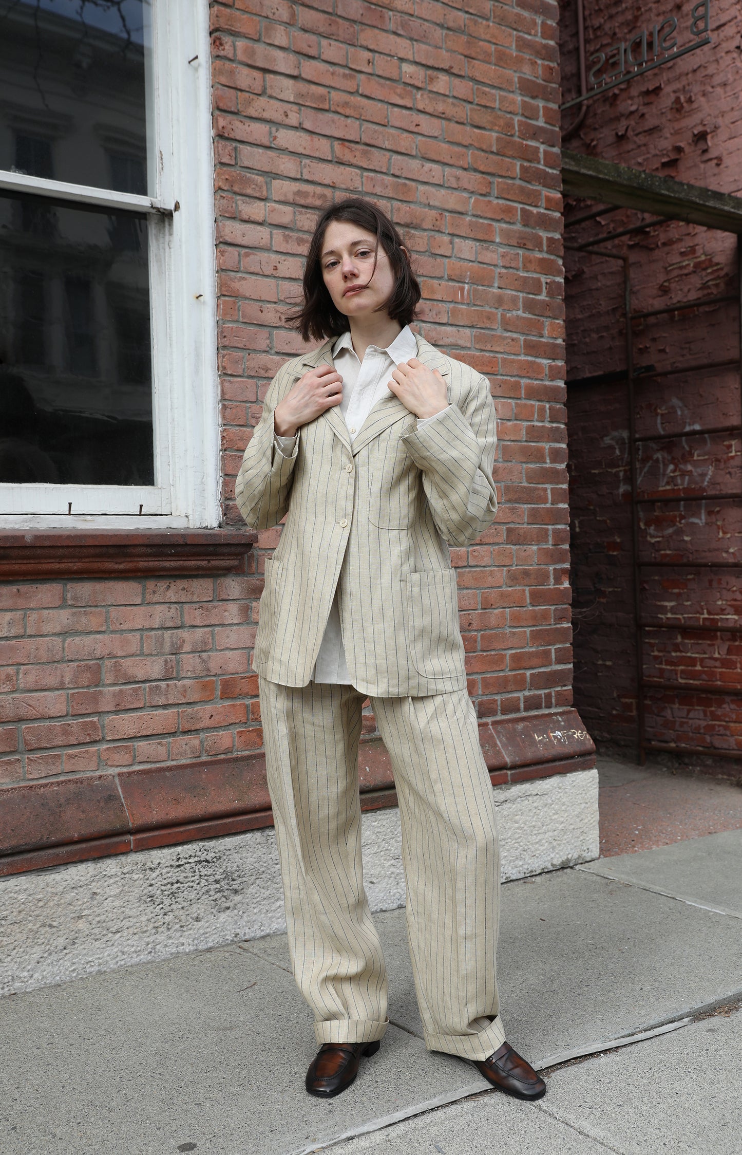 Natural & Black Pinstripe Pleated Trouser