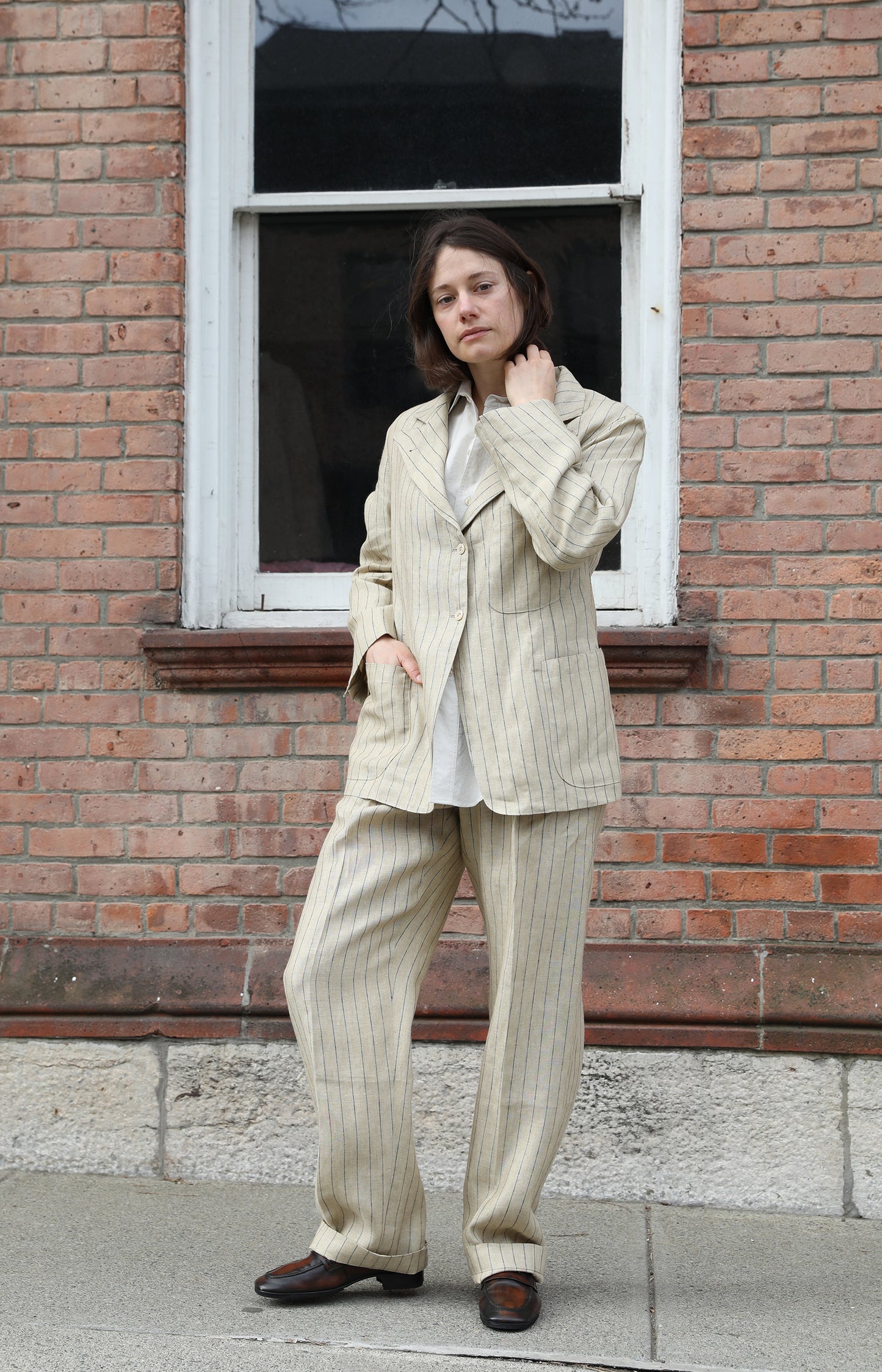 Natural & Black Pinstripe Pleated Trouser