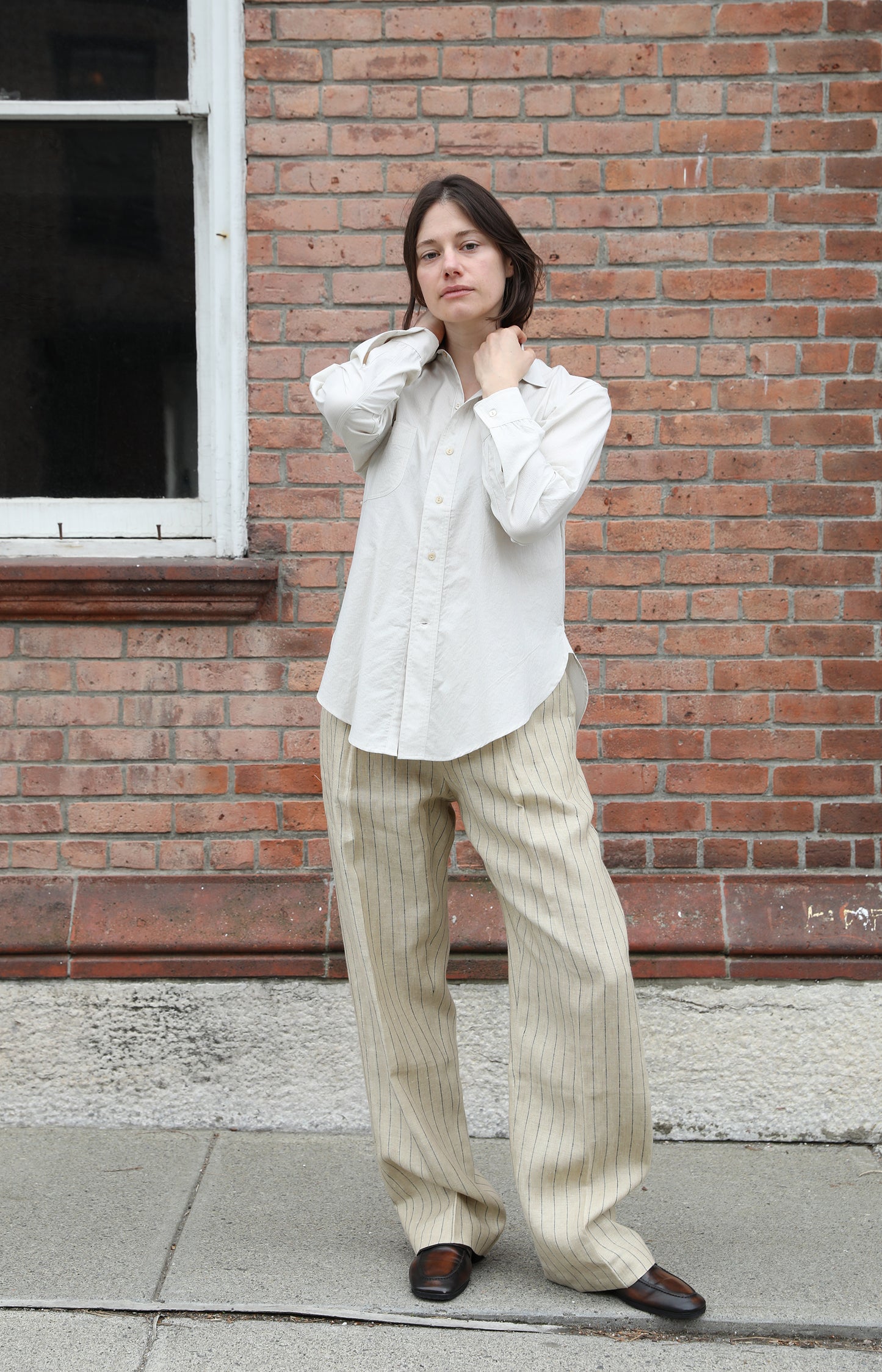 Natural & Black Pinstripe Pleated Trouser