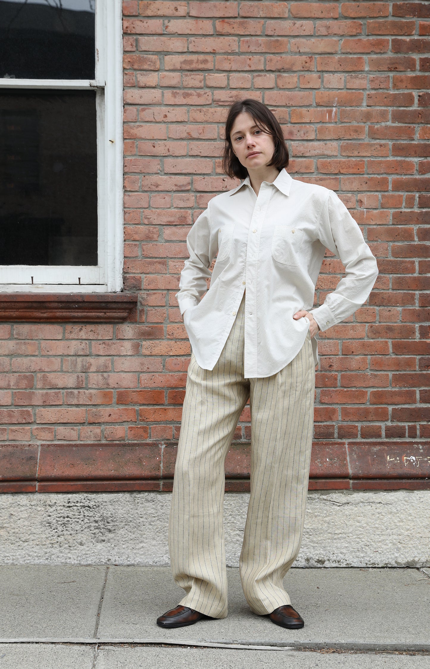 Natural & Black Pinstripe Pleated Trouser