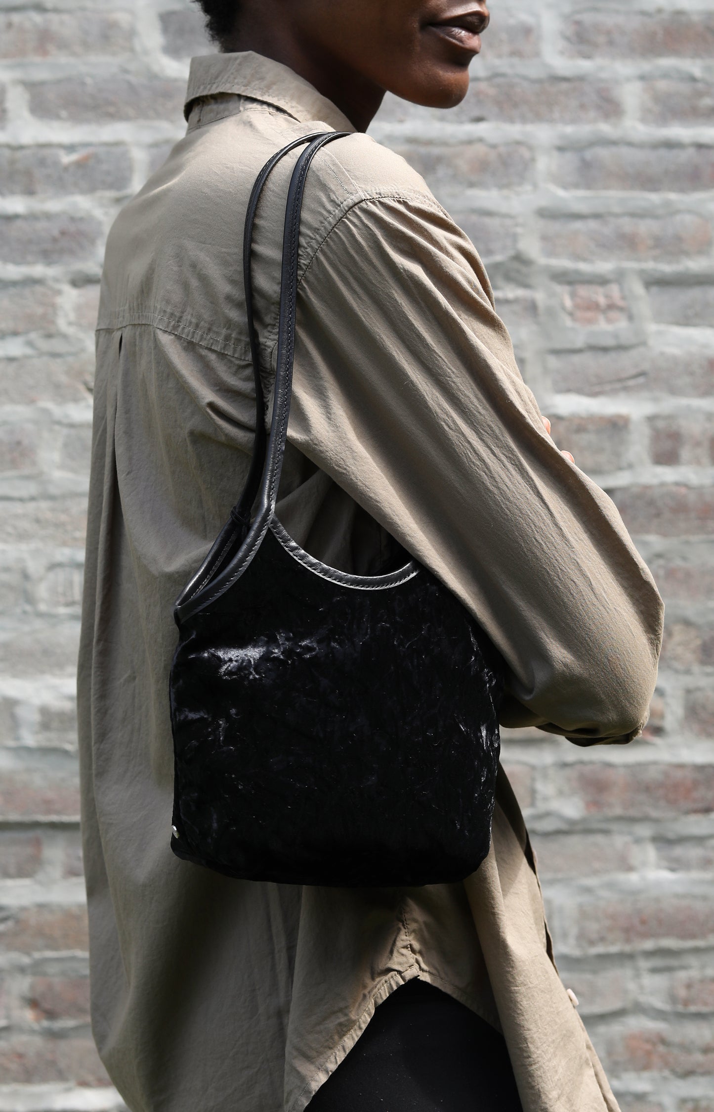 Black Crushed Velvet Small Cami Tote