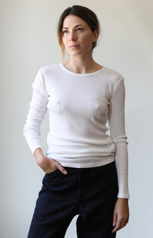 White Ribbed Cotton Cashmere Tee