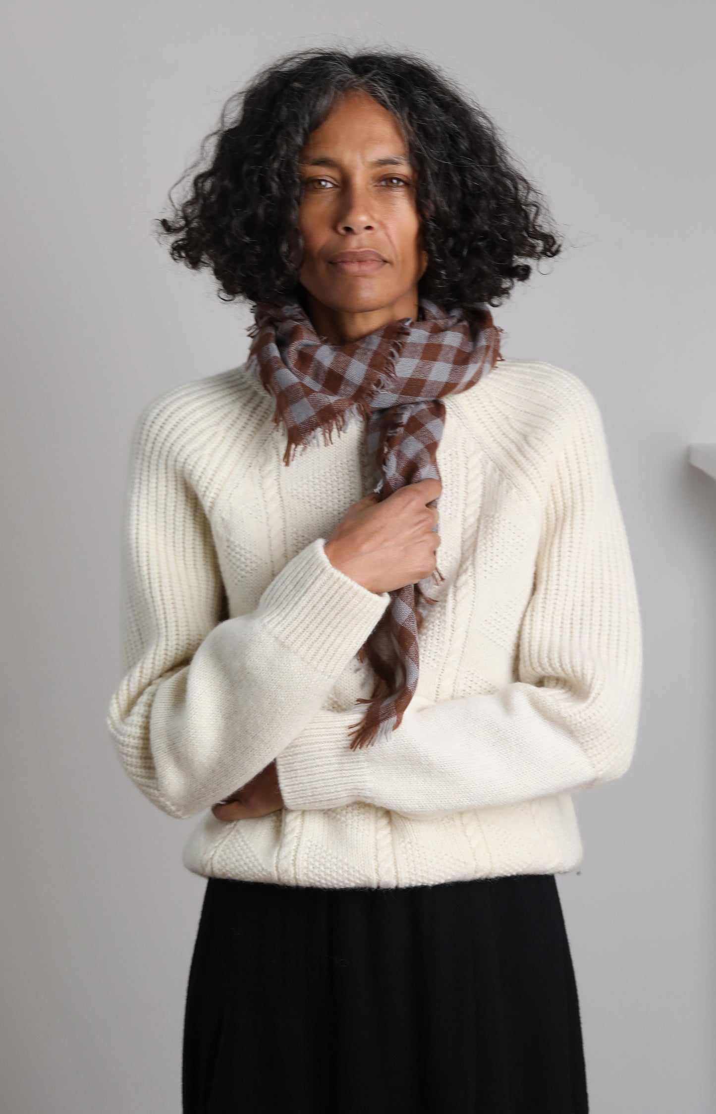 Brown & Steel Check Cashmere Scarf