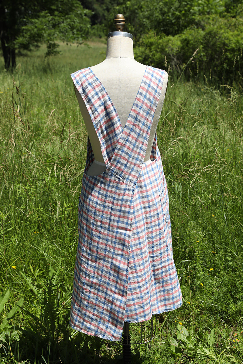 Coral and Blue Gingham Linen Apron